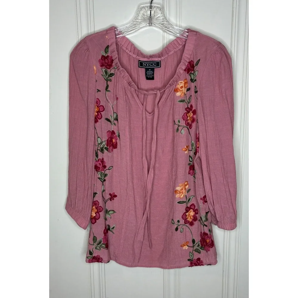NYCC New York Clothing Co Pink Floral Embroidered Peasant Blouse Boho Top Medium
